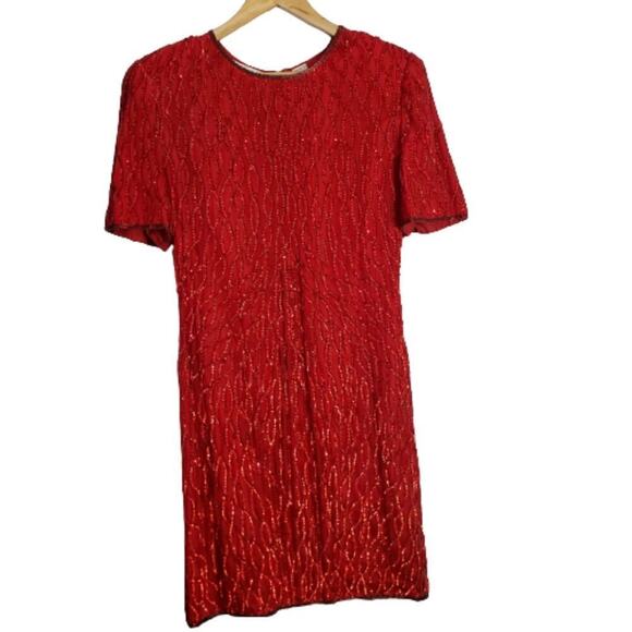 Vintage Laurence Kazar Dress Women Large Red Sequin 80s Beaded Silk Evening Glam - Picture 1 of 13